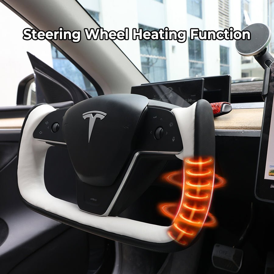 Yoke Style Steering Wheel for Model 3 / Y(Black & White Leather)- Teskay