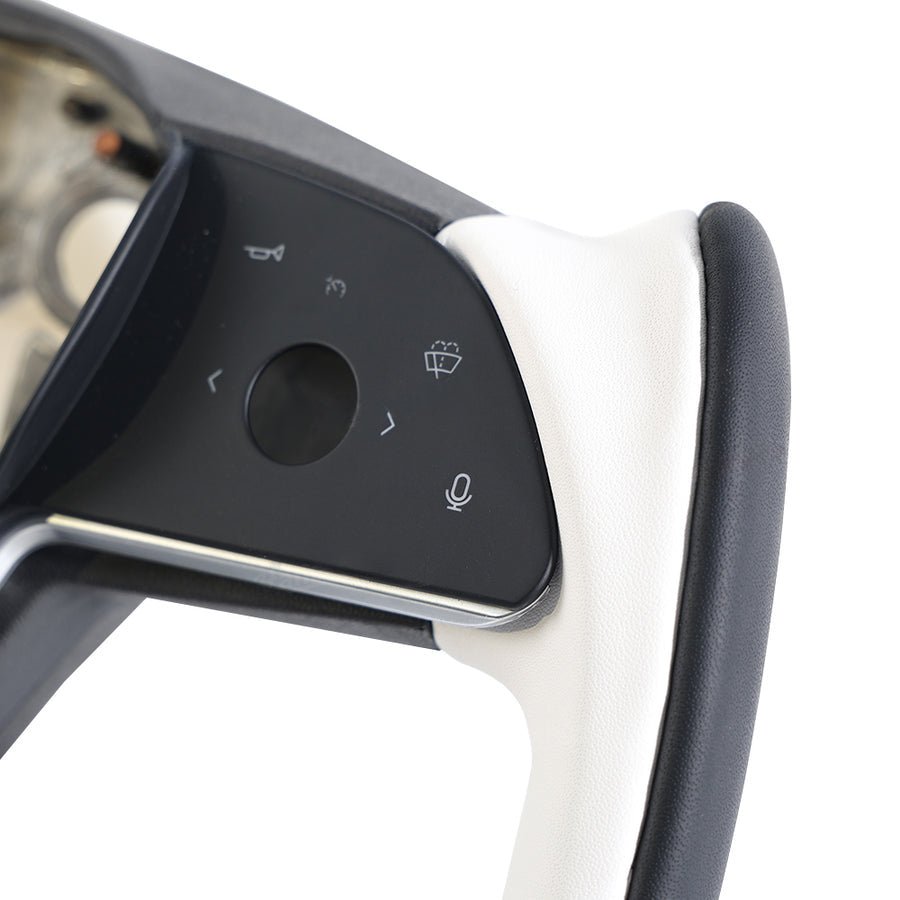 Yoke Style Steering Wheel for Model 3 / Y(Black & White Leather)- Teskay