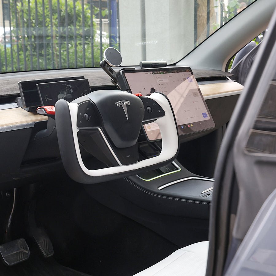 Yoke Style Steering Wheel for Model 3 / Y(Black & White Leather)- Teskay