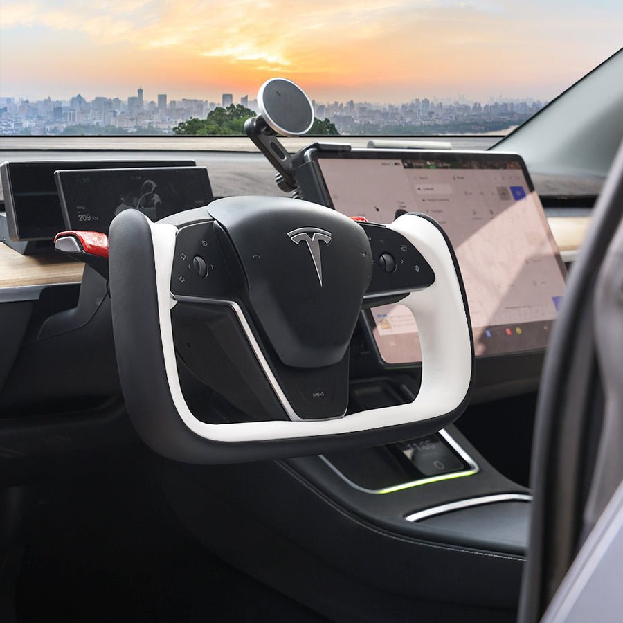 Yoke Style Steering Wheel for Model 3 / Y(Black & White Leather)- Teskay