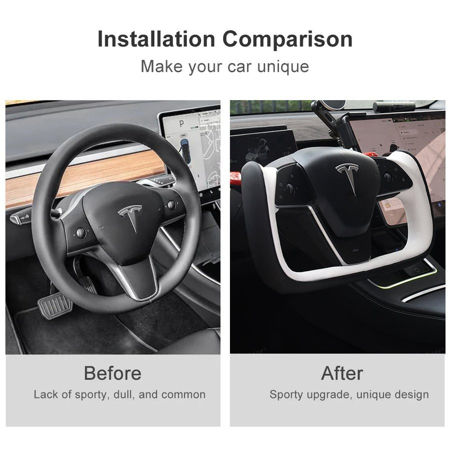 Yoke Style Steering Wheel for Model 3 / Y(Black & White Leather)- Teskay
