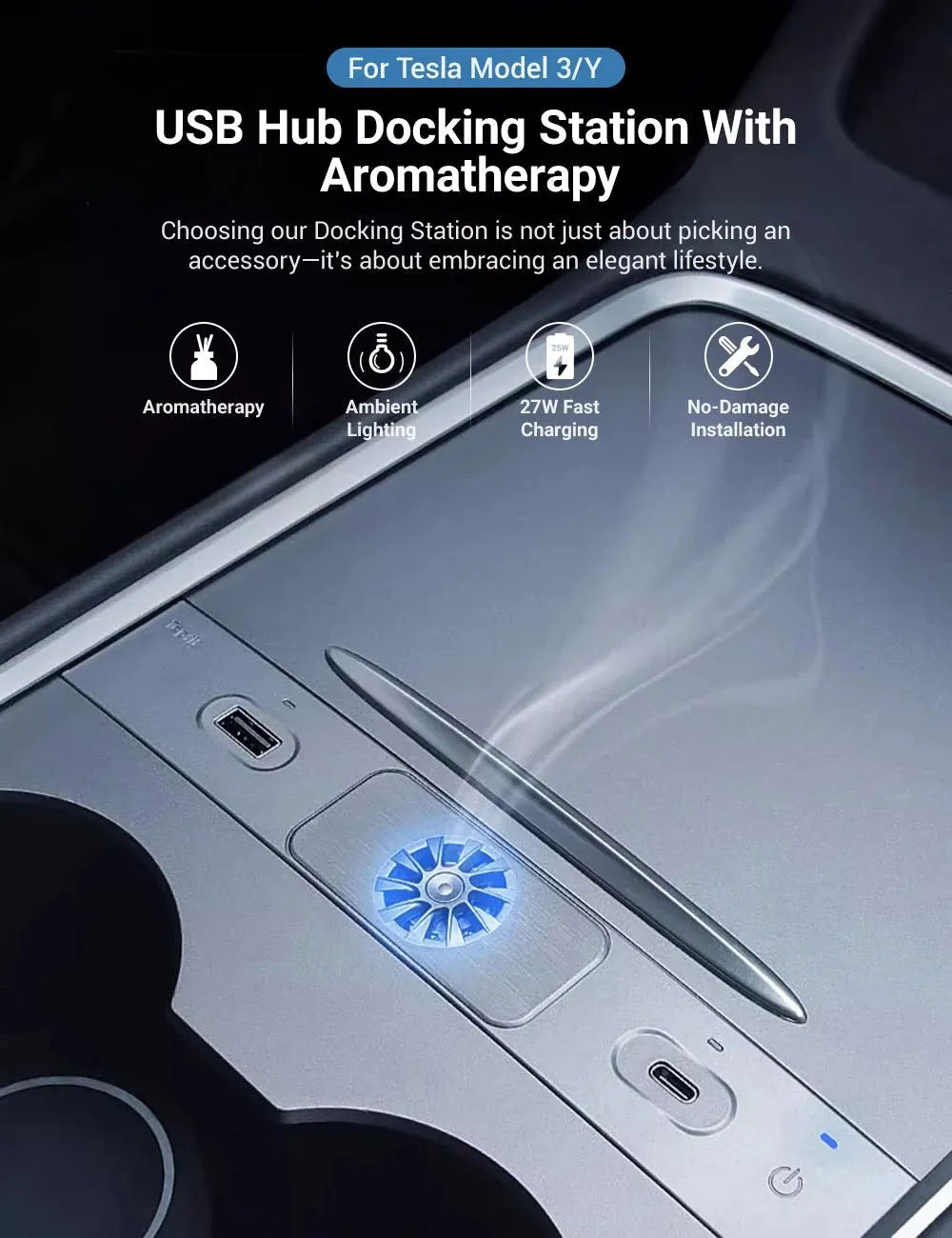 USB Hub Docking Station with Aromatherapy for Tesla Model 3/Y (2020-2024) – Fast Charging & Integrated Scent Diffuser - Teskay